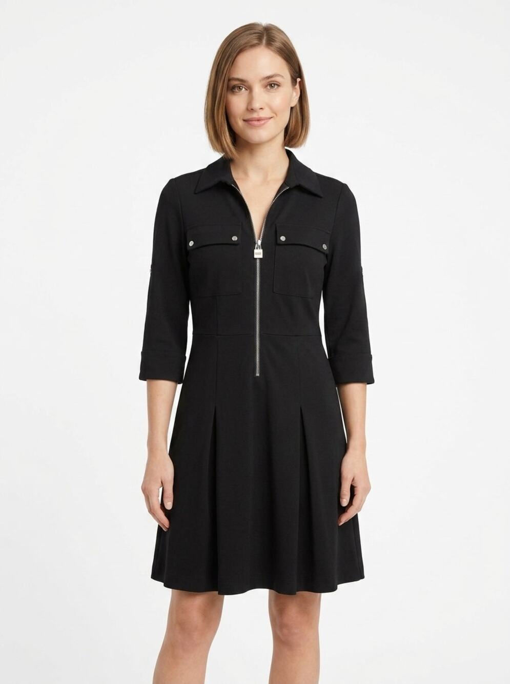 Michael Kors Black Half Zip Pleated Utility Shirt Dress Women Size S